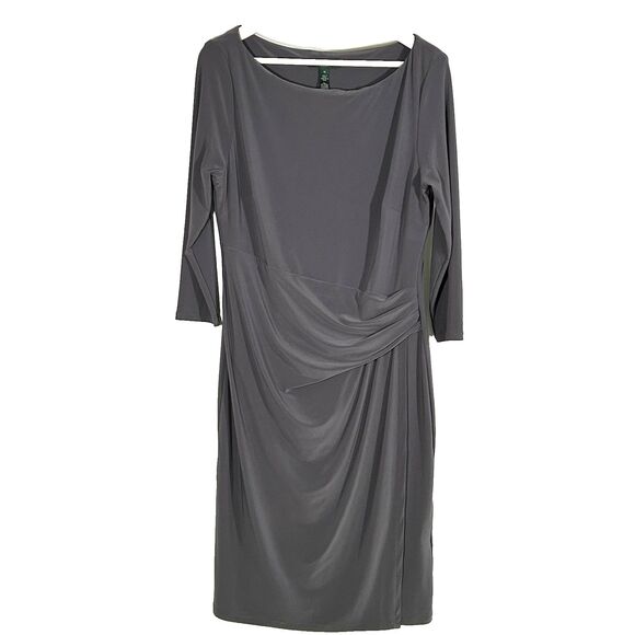 Ralph Lauren Dress Size 14 Grey Faux Wrap Ruched Side Flattering Draped Classic - Picture 1 of 5